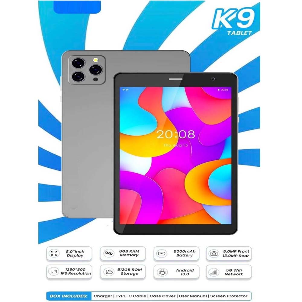 K9 5G Android Tablet – 8.0 Inch Display, 8GB RAM, 512GB ROM, 5000 mAh Battery, Dual Camera – Multi
