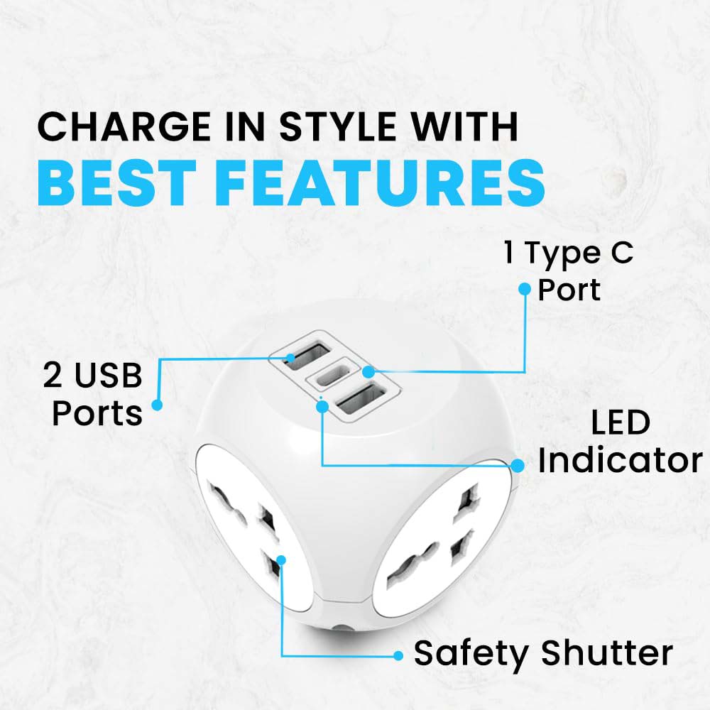 7-in-1 Multi Plug Extension Adapter - 4 Way Cordless Wall Extender with PD Fast Charging, Universal AC Outlets for Home/Office/Travel 100-250V