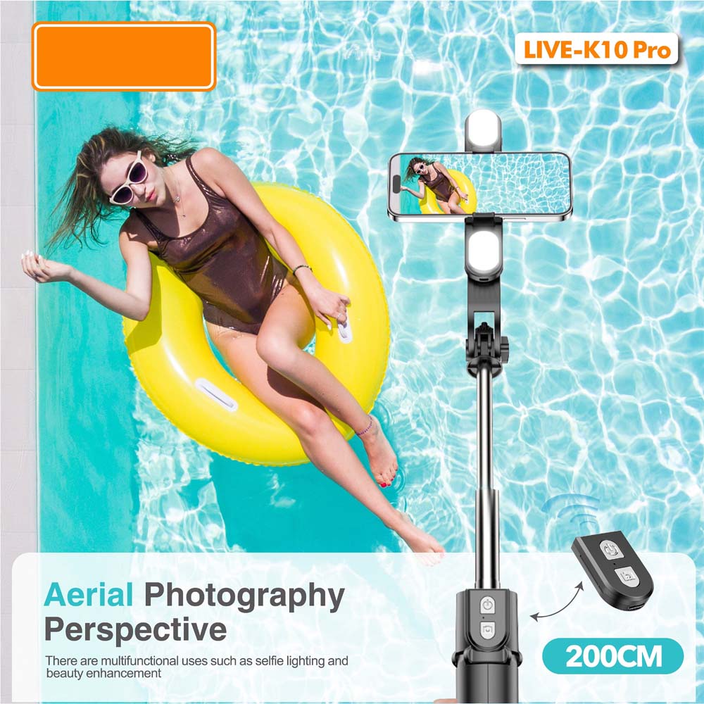 Live K10 PRO 6.5 Feet Tripod Stand Selfie Stick with 2 Chargeable Lights, Bluetooth Remote, 360° Rotatable, Compitable for DSLR, Smartphone, Vlogging, YouTube