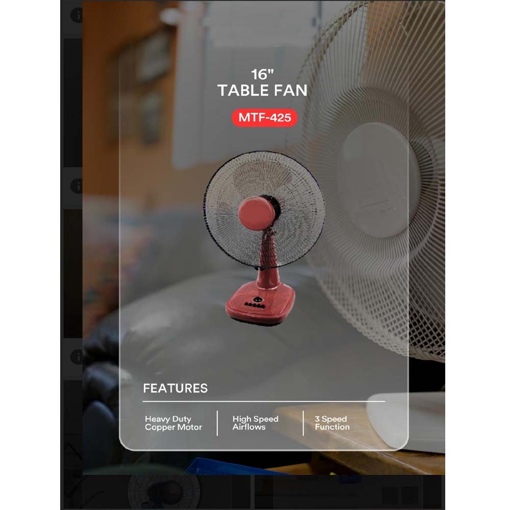 MTF-425 16" Table Fan - 3-Speed Adjustable Tilt, Quiet Operation for Home & Office