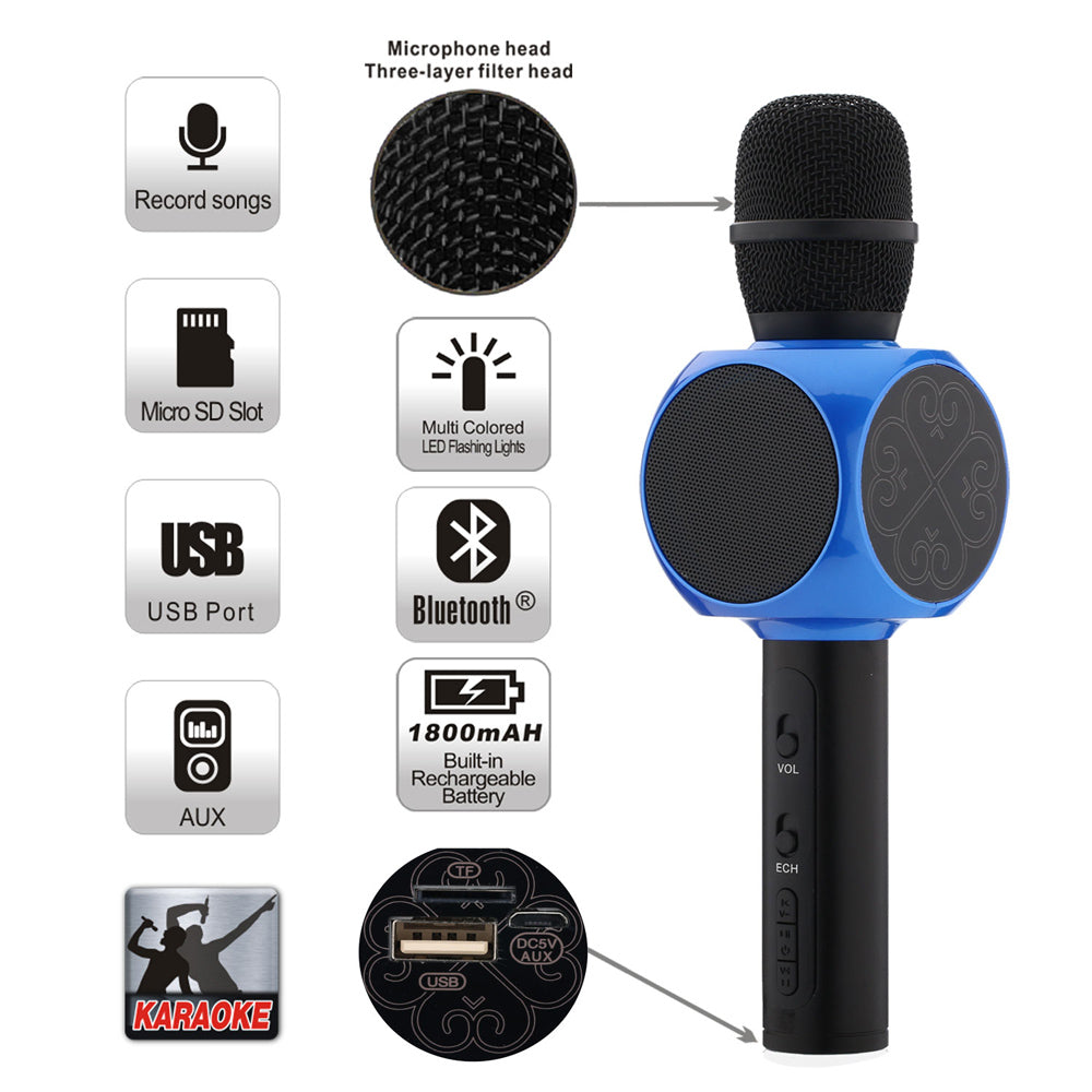 4-Hour Portable Handheld Karaoke Microphone with LED Lights | Wireless Karaoke Player for Home Parties, KTV, and Music Singing | Bluetooth Mic with Built-in Speaker | Rechargeable and Easy to Use for Adults and Kids (Multi)