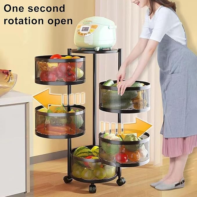 5-Tier Kitchen Storage Shelf - Rotatable Fruit & Vegetable Basket with 360° Swivel Wheels | Circular Rotating Storage Rack for Kitchen, Pantry, Bathroom, and More | Large Capacity Metal Organizer for Snacks, Spices, and Produce