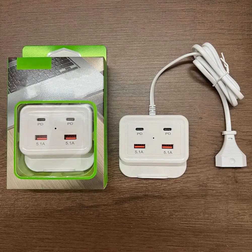 Intelligent USB Power Strip Plug with Dual PD & Dual USB Ports - 5.1A Multi-Port Fast Charging Power Supply | US/EU Plug, 4 USB Output Ports for Safe Charging | 100cm Wear-Resistant Extension Cable competible for iPhone, Android & Other Digital Devices