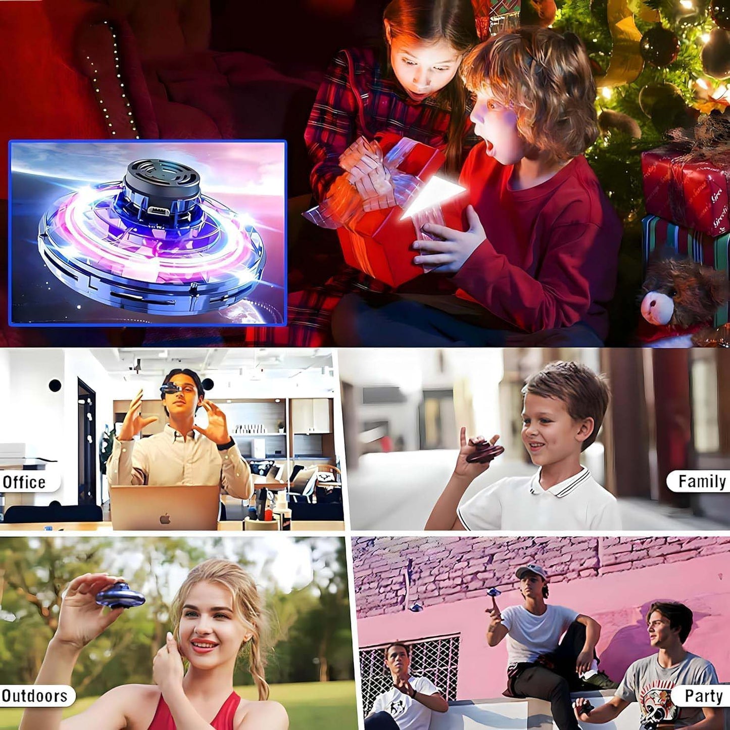 UFO Hand Controlled Mini Drone LED flying fidget spinner with 360° rotation. USB rechargeable toy for boys & girls.