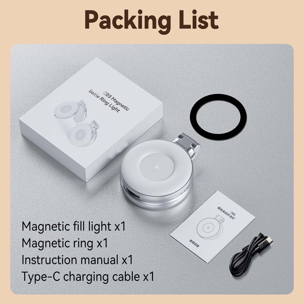 C03 Magnetic Selfie Light CRI97 LED ring light with 360° rotation & mirror. For selfies, videos, TikTok & Zoom calls.