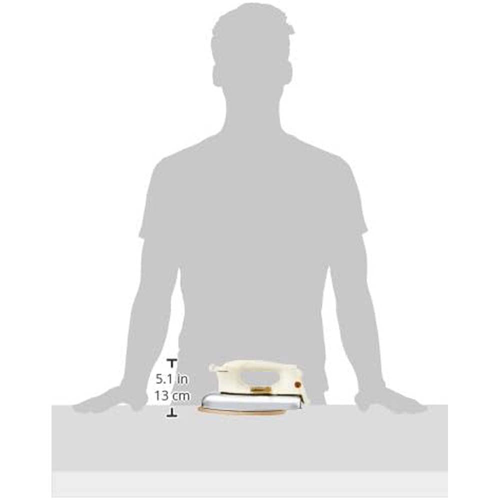 OE-21 Dry Iron with Teflon Coating. Suitable for all fabrics, ensuring smooth, scratch-free ironing. White and golden design.