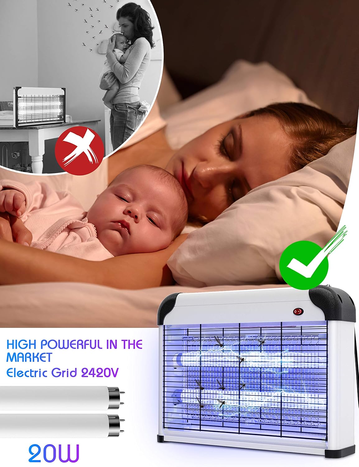 Electric Bug Zapper - 20W UV Mosquito Killer, 2800V Grid, Plug-in Hanging Indoor Insect Trap for Mosquitoes, Flies, Moths