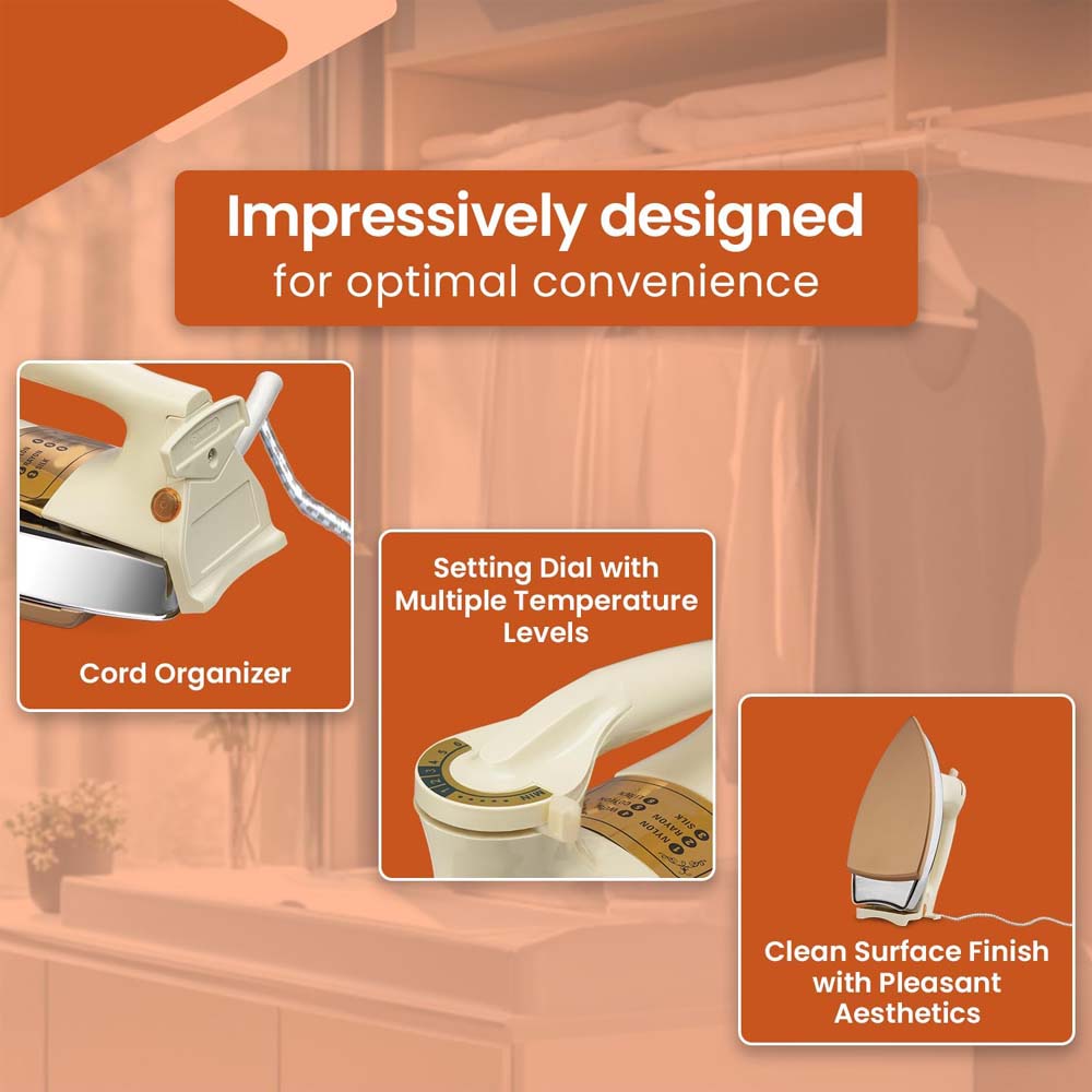 OE-21 Dry Iron with Teflon Coating. Suitable for all fabrics, ensuring smooth, scratch-free ironing. White and golden design.