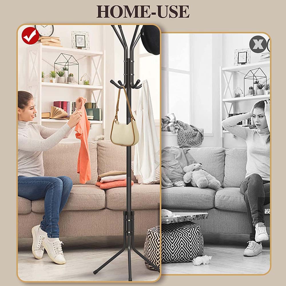 12-Hook Coat Rack Stand - Wrought Iron Clothing Hanger with Shelves, Freestanding Wardrobe Organizer for Bedroom/Entryway