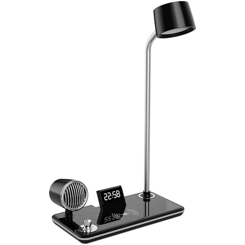 LED Desk Lamp with Wireless Charger, Bluetooth Speaker, Clock & Night Light - Modern Multifunctional Touch Control Design