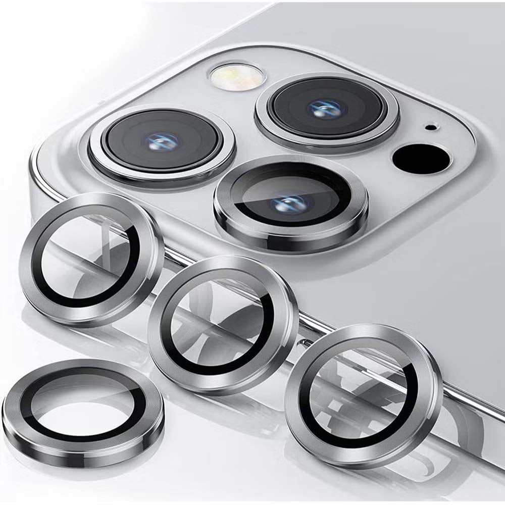 iPhone 14 Pro Max/15 Pro Camera Lens Protector - 3-Pack 9H Tempered Glass with Alloy Ring (Silver Titanium)