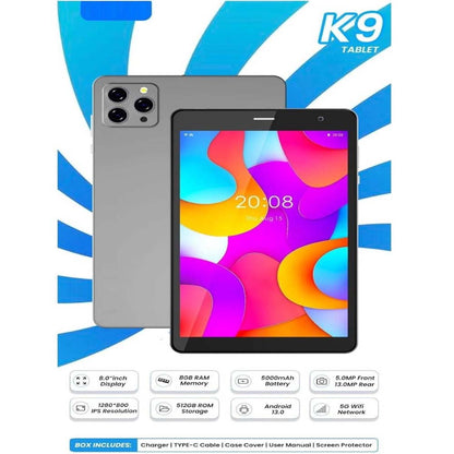 K9 5G Android Tablet – 8.0 Inch Display, 8GB RAM, 512GB ROM, 5000 mAh Battery, Dual Camera – Multi