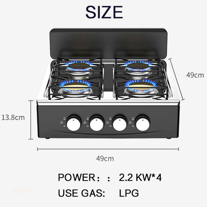 OE-441 European 4-Burner Gas Stove. Sabaf burners, pulse ignition & cast iron pan supports. For home & outdoor use.