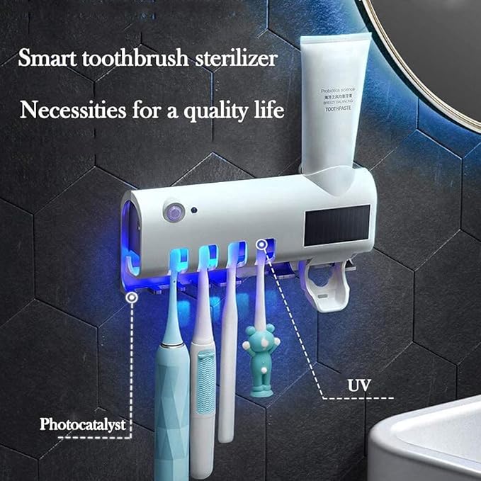 3-in-1 Intelligent Photosensitive Toothpaste Dispenser | Wall Mounted USB Rechargeable Solar Power Toothbrush Holder (White)