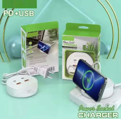 Quick Charge 5.1A Charger with Dual PD+USB Ports - Universal Multi-Port Charging Station with Mobile Phone Holder | 5V/5.1A Multi-U Port Charger for Fast, Convenient Charging | Compatible with All Mobile Phones