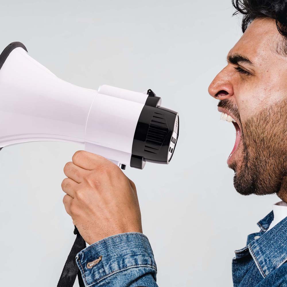 Portable Megaphone Bullhorn 25W Rechargeable with siren, music, recording & adjustable volume. Lightweight with strap.