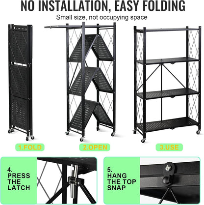 4-Layer White Mobile Folding Kitchen Storage Rack – No-Installation, Thickened Multi-Purpose Shelf (Black)
