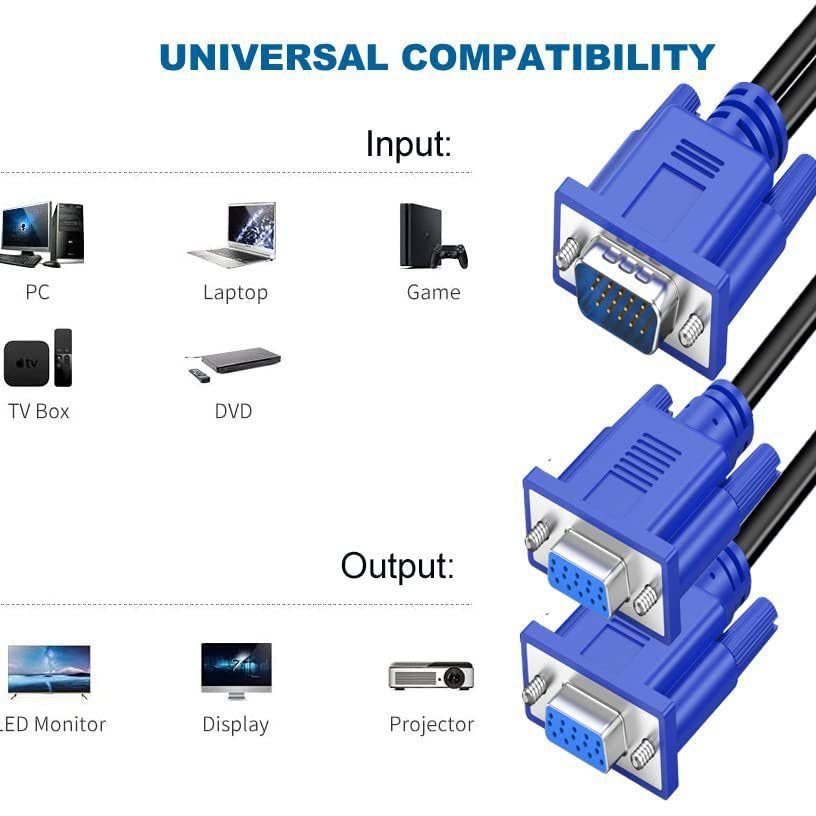 Dual VGA Splitter Cable: 1 Male to 2 Female Adapter for Dual Monitor Screen Duplication, High-Quality VGA Y Cable for PC, Laptop, and More.