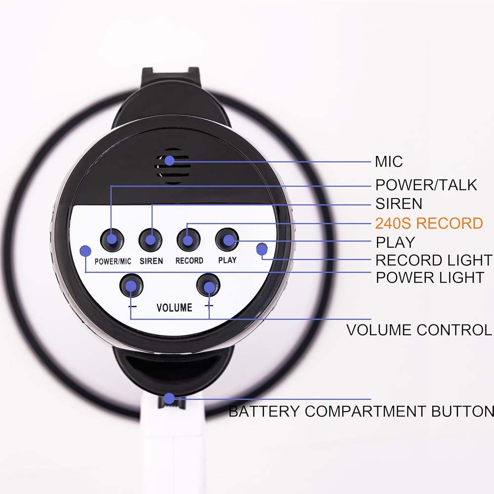 Portable Megaphone Bullhorn 25W Rechargeable with siren, music, recording & adjustable volume. Lightweight with strap.