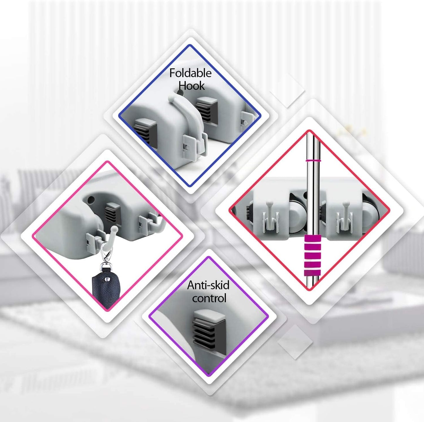 Tool Holder with Wax Handlebar | Wall-Mounted Mop Holder with 6 Hooks & 5 Quick-Release Clamps | Organize Mops, Brooms, and Tools