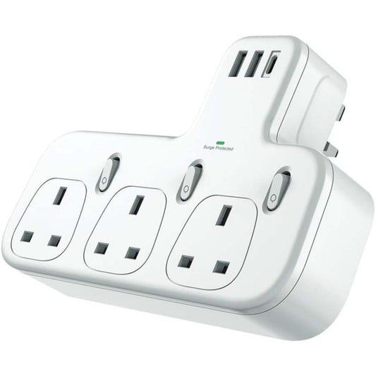 Dx871 Power Strip with 3 AC outlets, 2 USB ports & 1 PD port for fast charging. Compact modern design in white.