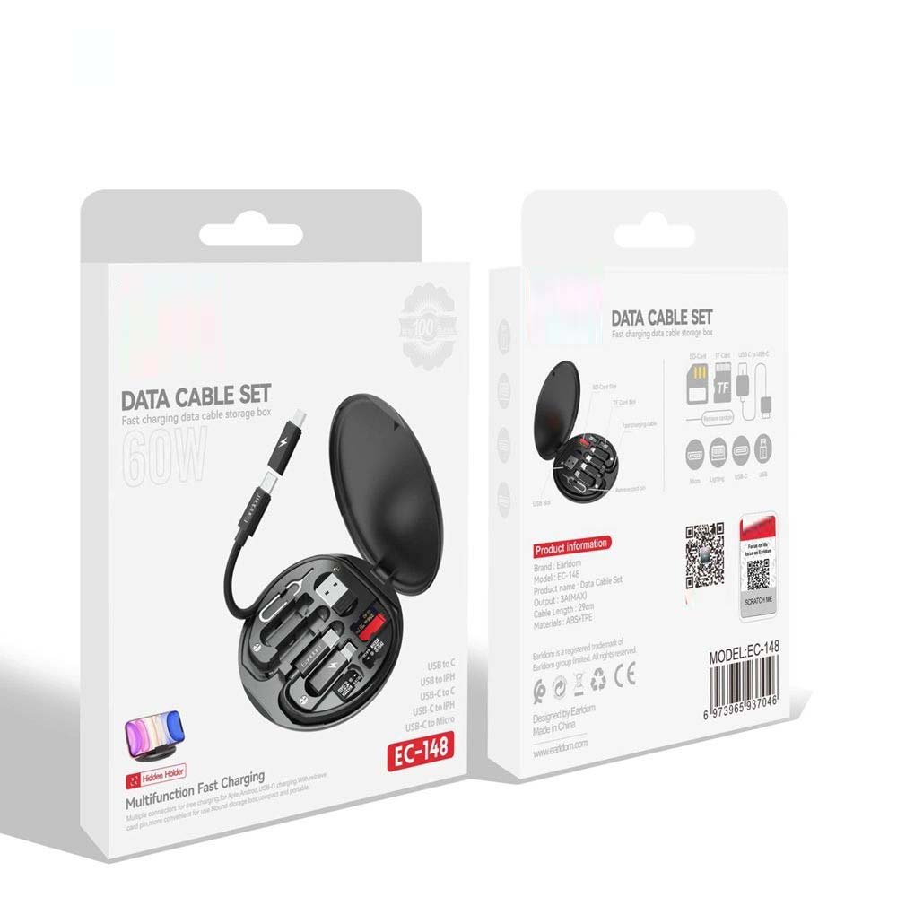 EC148 Type C USB Charging Cable | Multi-Function Portable USB Adapter Card Storage Set | 4-in-1 Data Cable with USB-A, Micro-USB, Lightning Adapters