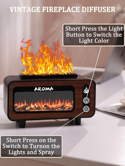 Wood Grain Fireplace Diffuser | 7-Color Flame Humidifier | Silent Auto Shut-Off Aroma Diffuser | Simulated Fire Light for Living Room, Bedroom