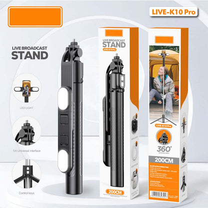 Live K10 PRO 6.5 Feet Tripod Stand Selfie Stick with 2 Chargeable Lights, Bluetooth Remote, 360° Rotatable, Compitable for DSLR, Smartphone, Vlogging, YouTube