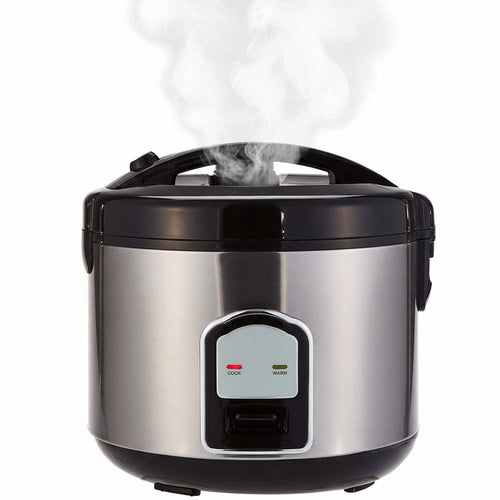OE-400 2-Liter Mixed Rice Cooker. 2-in-1 rice cooker & steamer with non-stick pot, Cook/Warm functions. Silver & black.