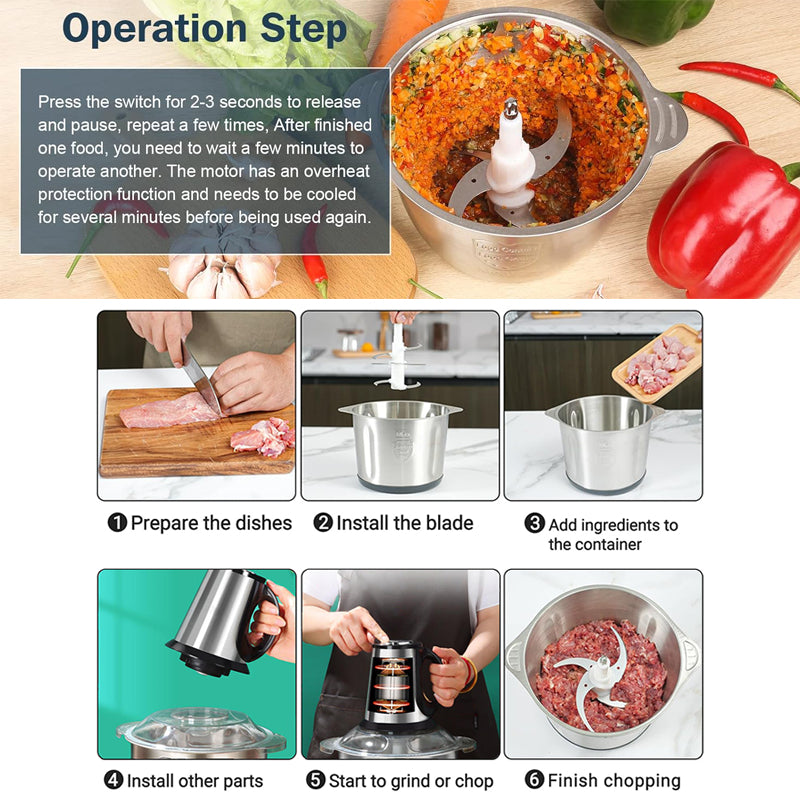 2-in-1 Stainless Steel Electric Meat Grinder & Food Processor - 6 Blades, 3.8L Capacity for Home & Restaurant Use