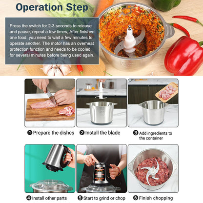 2-in-1 Stainless Steel Electric Meat Grinder & Food Processor - 6 Blades, 3.8L Capacity for Home & Restaurant Use