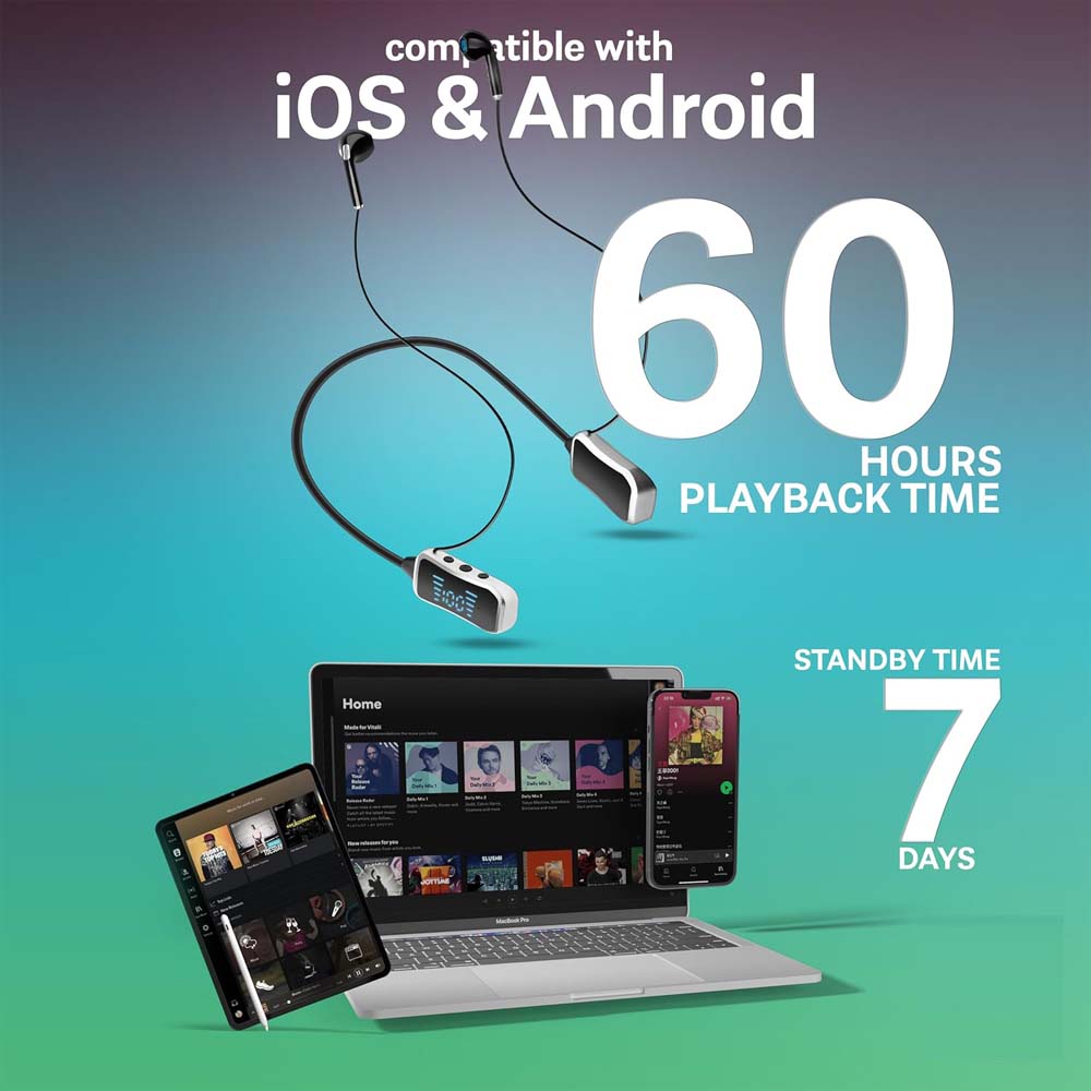 GHF-01 Wireless Neckband Headphones. 60hr playback, LED screen, deep bass, SD card mode & rainproof. Type-C charging.