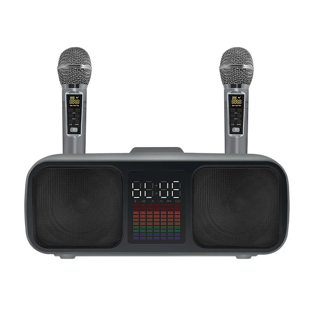S39 Karaoke Speaker | Dual Horns, Wireless Dual Microphones | Mobile Entertainment & TV Karaoke All-In-One (Grey)