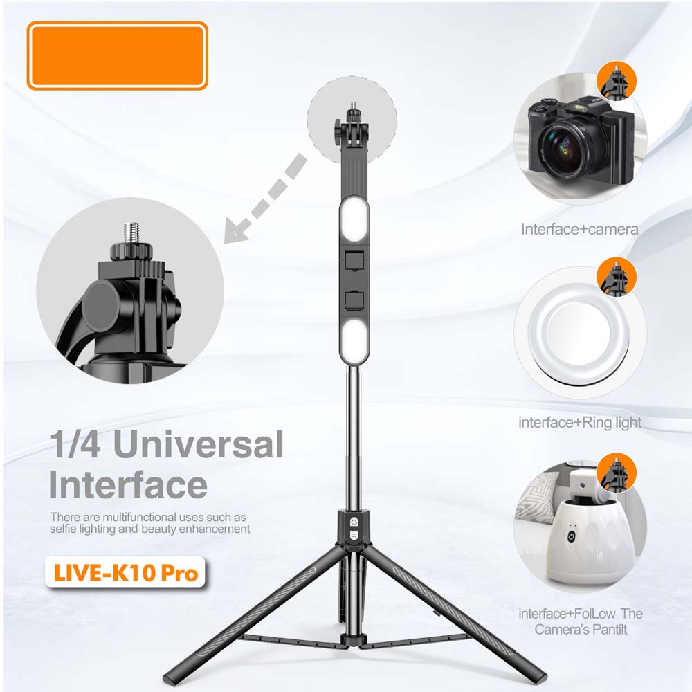Live K10 PRO 6.5 Feet Tripod Stand Selfie Stick with 2 Chargeable Lights, Bluetooth Remote, 360° Rotatable, Compitable for DSLR, Smartphone, Vlogging, YouTube