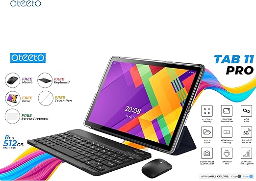 TAB 11 Pro Tablet – 10.1 Inch IPS LCD | 8GB RAM + 512GB ROM | 5G Network | 6000 mAh Battery | 8MP Front + 13MP Rear Camera | Octa Core 1.3GHz | Android 13 | Includes Keyboard, Touch Pen, Mouse (Gray)