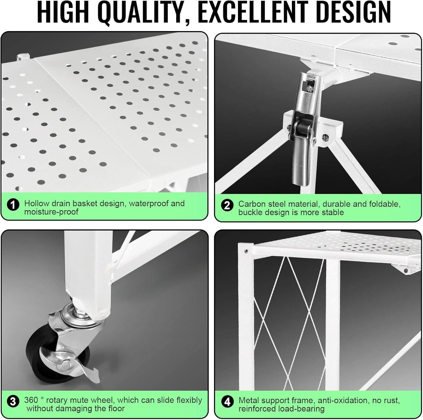 4-Layer White Mobile Folding Kitchen Storage Rack – No-Installation, Thickened Multi-Purpose Shelf (White)
