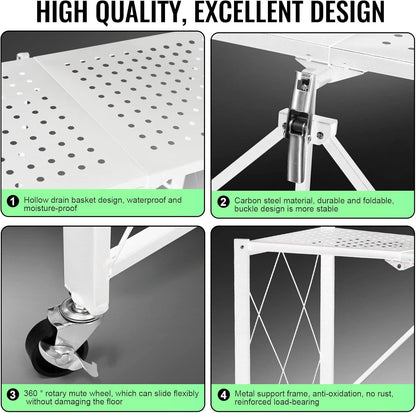 4-Layer White Mobile Folding Kitchen Storage Rack – No-Installation, Thickened Multi-Purpose Shelf (White)