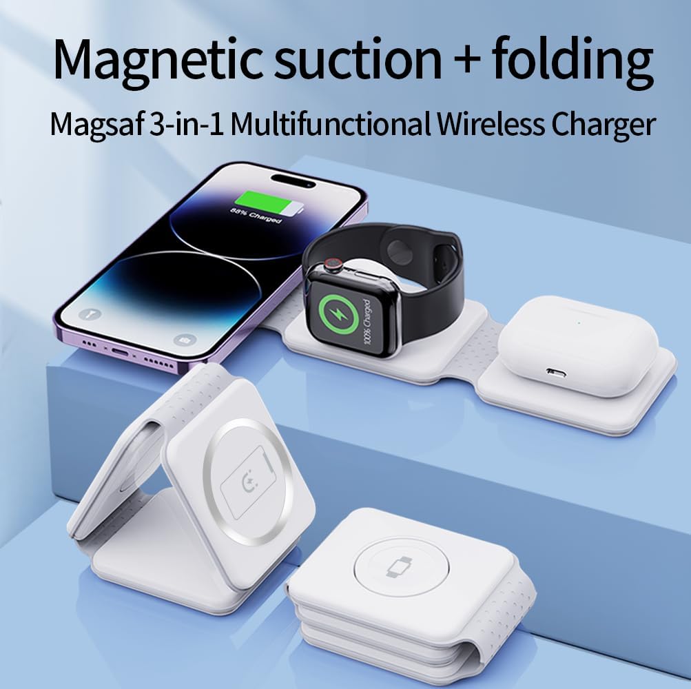 Foldable Magnet Wireless Charger | 3-in-1 Charging Bracket Stand | Compatible with iPhone, Android Phones, Watches, and AirPods