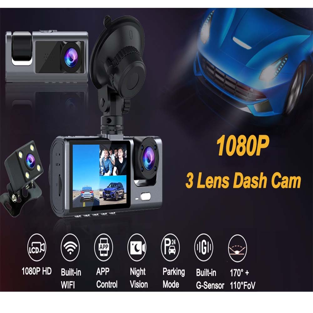 4-Inch Triple-Lens WiFi Dash Cam - Front/Rear/Inside Recording, Mobile App Control, Night Vision & Parking Monitor