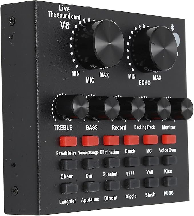 V8 Sound Card for Live Streaming – 2 Channels with Multiple Voice Changer Effects and 1200mAh Battery for Smartphones and Computers