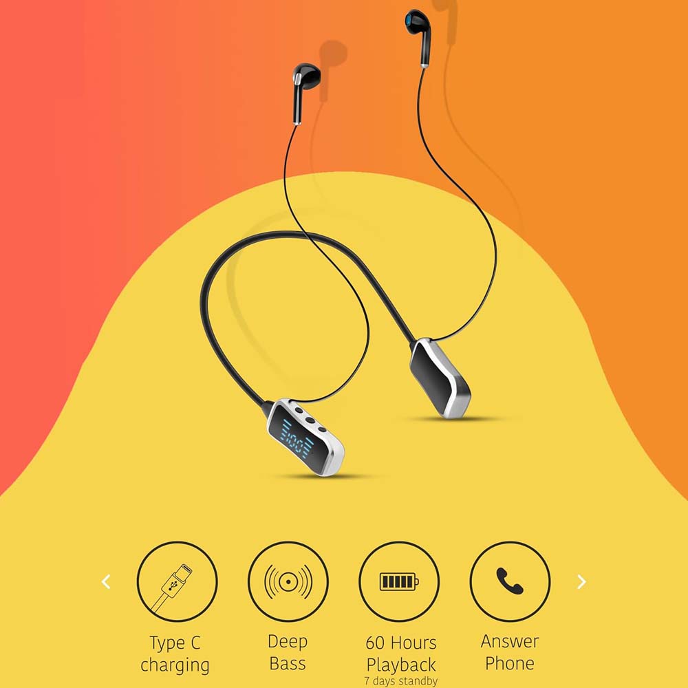 GHF-01 Wireless Neckband Headphones. 60hr playback, LED screen, deep bass, SD card mode & rainproof. Type-C charging.