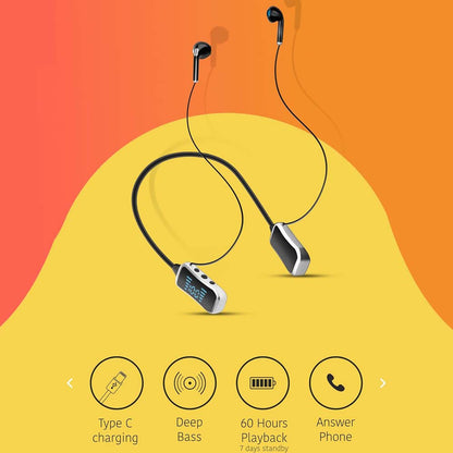 GHF-01 Wireless Neckband Headphones. 60hr playback, LED screen, deep bass, SD card mode & rainproof. Type-C charging.