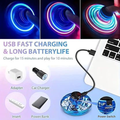 UFO Hand Controlled Mini Drone LED flying fidget spinner with 360° rotation. USB rechargeable toy for boys & girls.