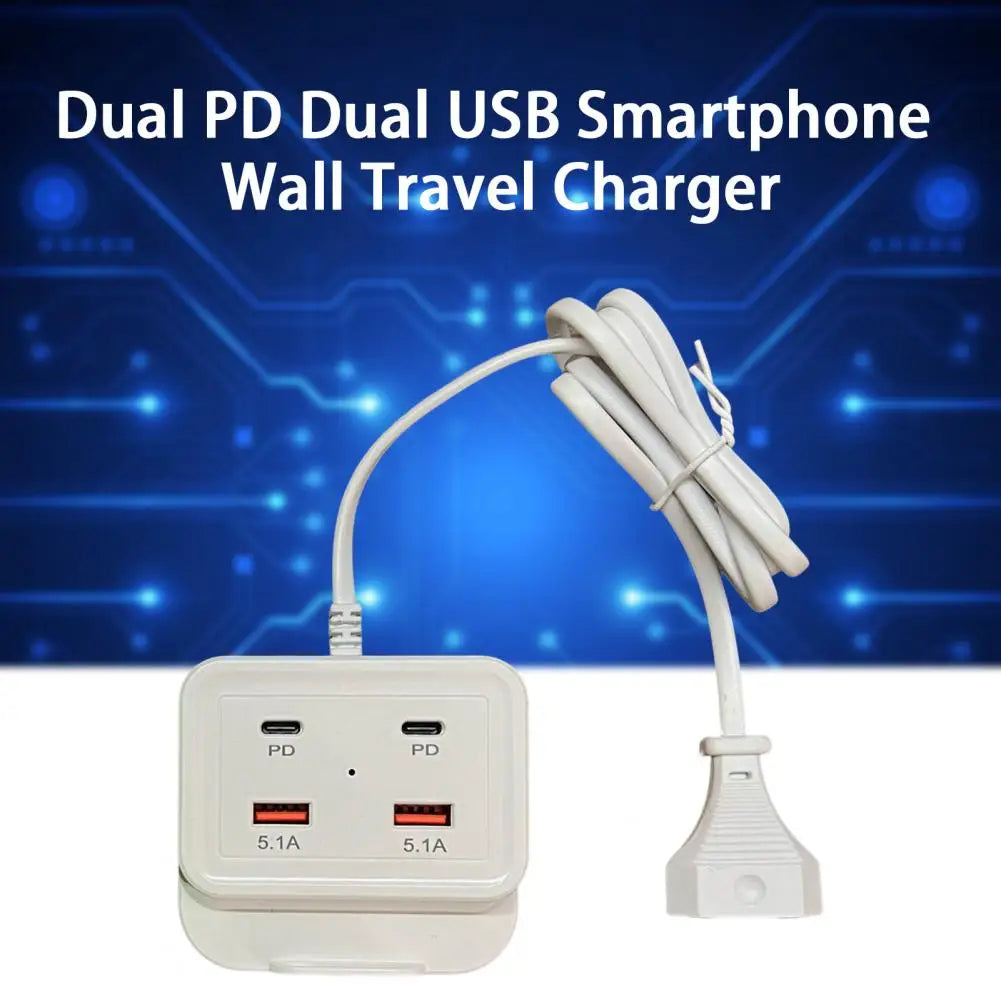 Intelligent USB Power Strip Plug with Dual PD & Dual USB Ports - 5.1A Multi-Port Fast Charging Power Supply | US/EU Plug, 4 USB Output Ports for Safe Charging | 100cm Wear-Resistant Extension Cable competible for iPhone, Android & Other Digital Devices