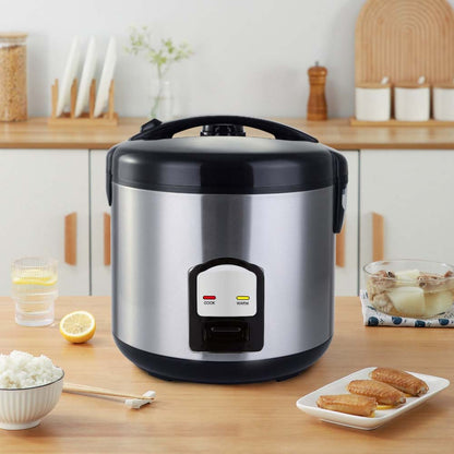 OE-400 2-Liter Mixed Rice Cooker. 2-in-1 rice cooker & steamer with non-stick pot, Cook/Warm functions. Silver & black.