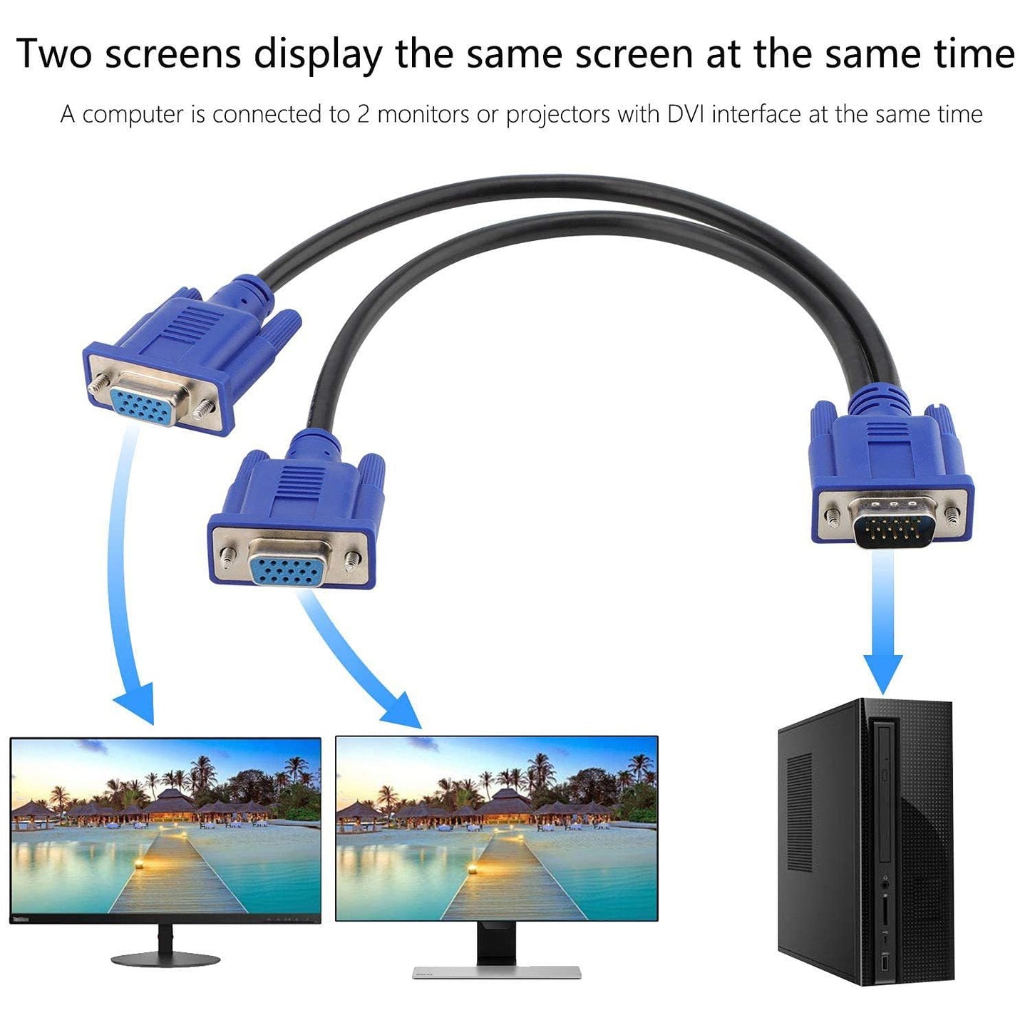 Dual VGA Splitter Cable: 1 Male to 2 Female Adapter for Dual Monitor Screen Duplication, High-Quality VGA Y Cable for PC, Laptop, and More.