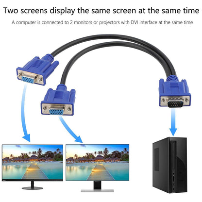 Dual VGA Splitter Cable: 1 Male to 2 Female Adapter for Dual Monitor Screen Duplication, High-Quality VGA Y Cable for PC, Laptop, and More.