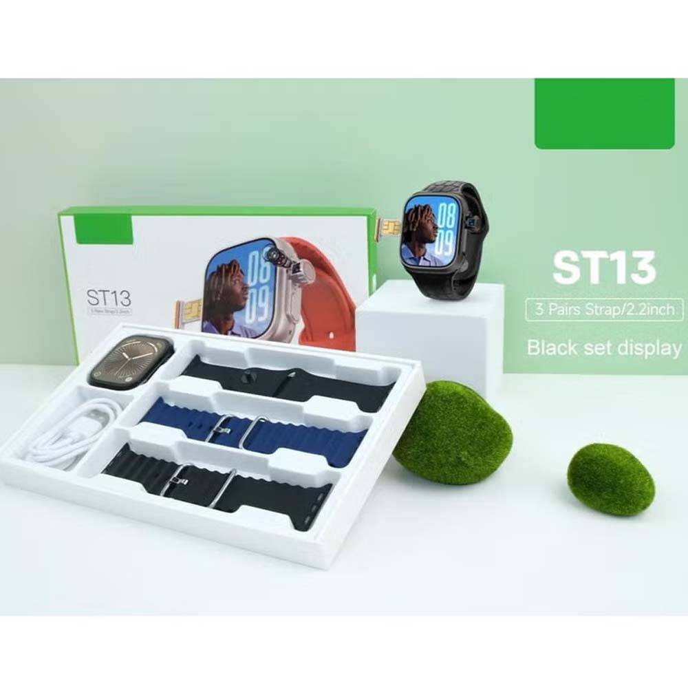 ST13 Smart Watch: 2.2" full-screen display, 4G SIM support, 3 straps & wireless charger. Unisex black design for ladies & gents.