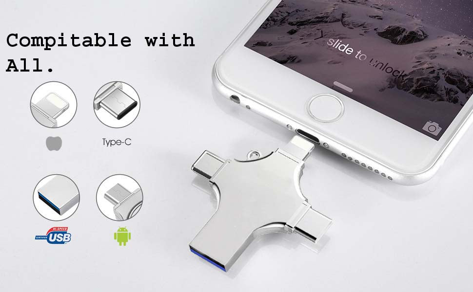 512GB 4-in-1 USB 3.0 Flash Drive - Compatible with iPhone, Android, iPad, Mac, PC, Galaxy S, Windows | High-Speed USB A, USB C, Micro USB & iPhone Connector | Ultra-Fast Thumb Drive, Jump Drive, Memory Stick, Portable Hard Drive for Seamless Data Transfer
