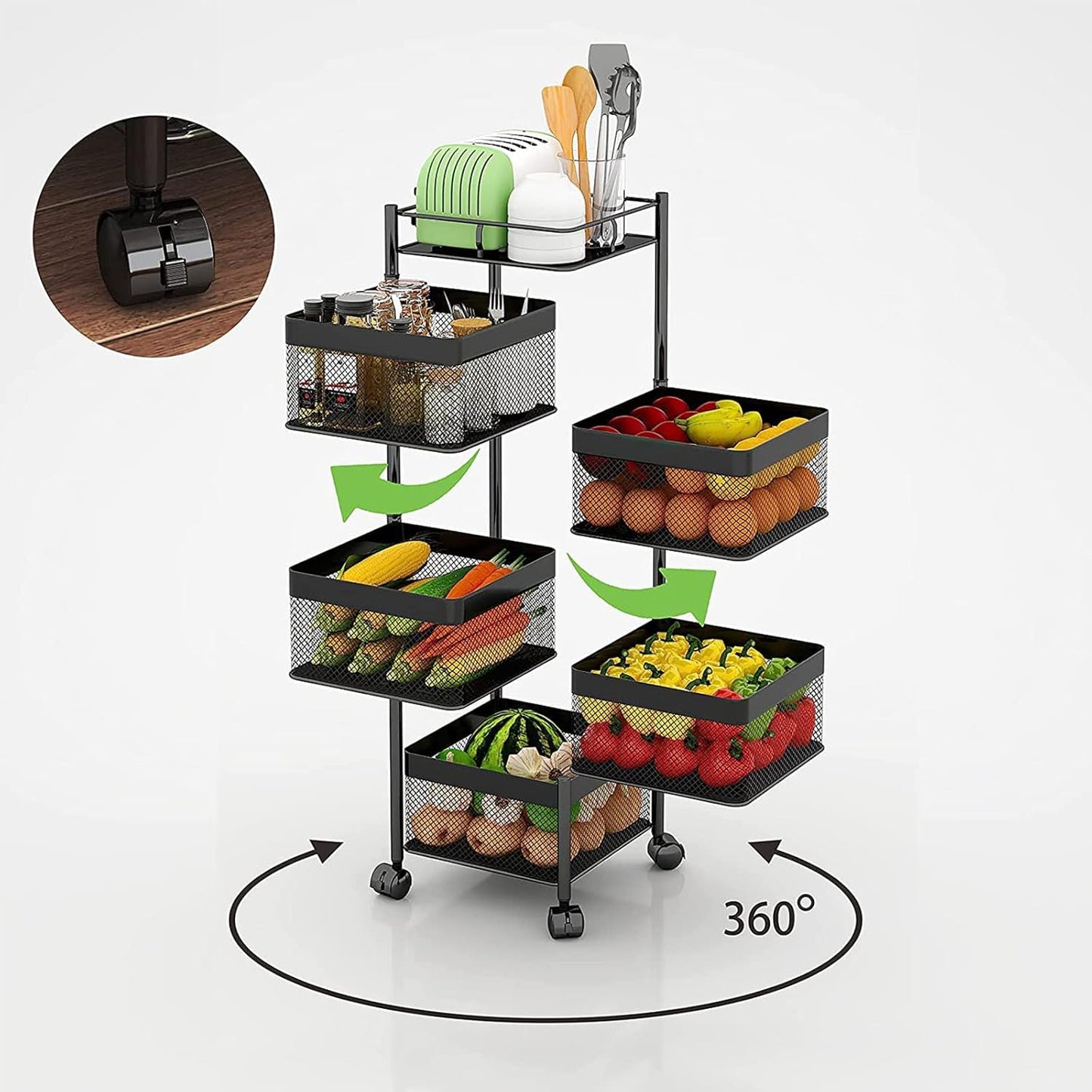 5-Layer Mobile Storage Solution | Rotatable Baskets with Wheels | Elegant Black | 92cm